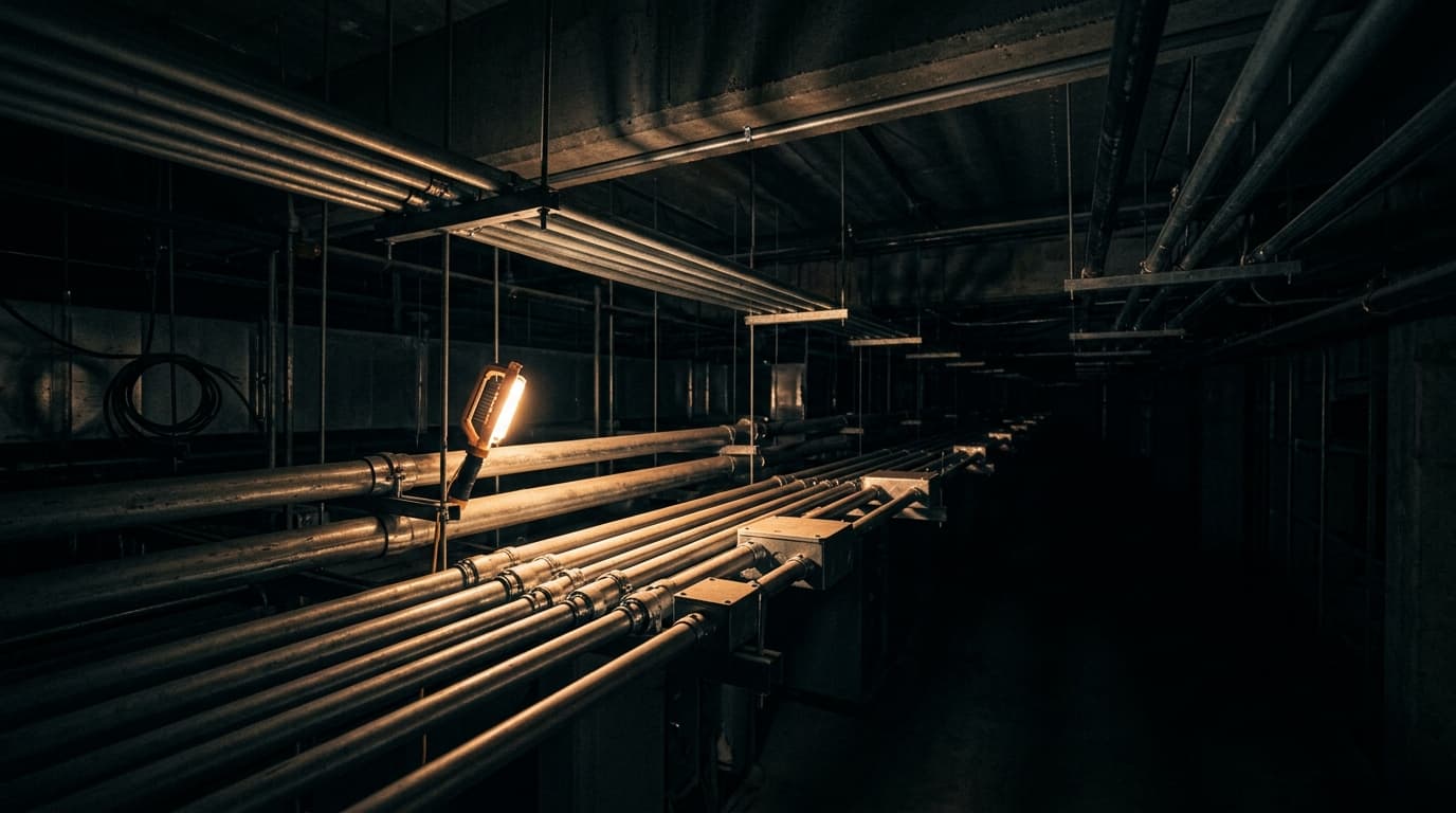 Electrical conduit runs across a dark ceiling lit by a warm work light