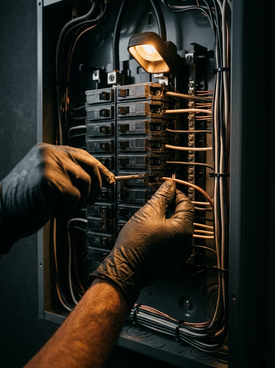 Electrician's gloved hands working inside an open breaker panel under a headlamp glow