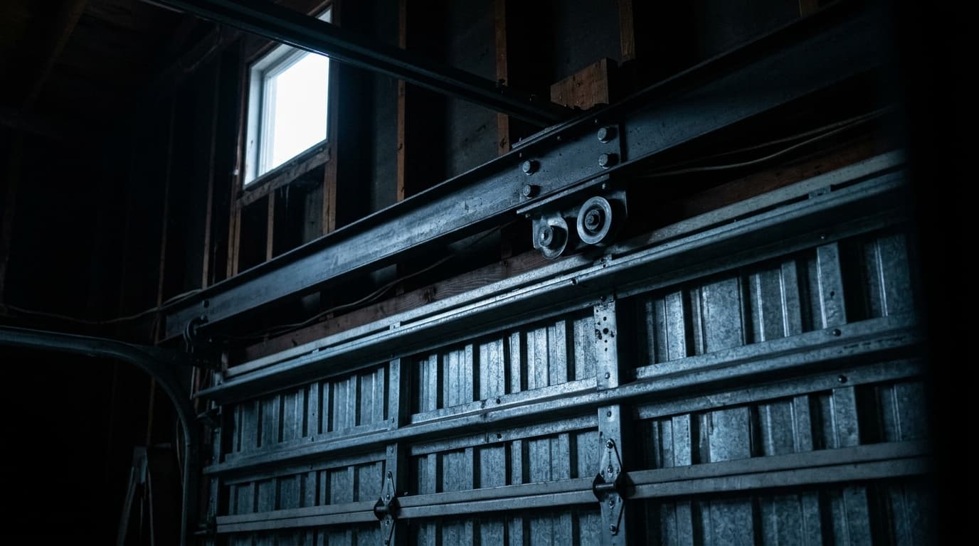 Steel garage door track and rollers along a dark ceiling with ribbed door panels at dusk