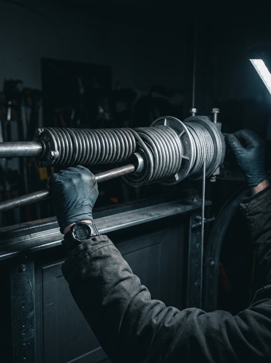 Close view of a garage door torsion spring and drum with a gloved hand on a winding bar