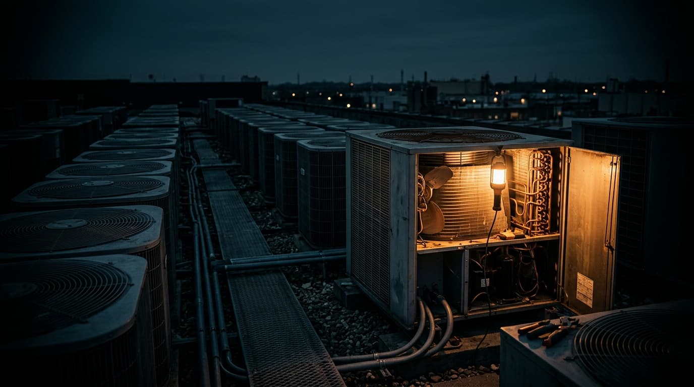 Rooftop bank of commercial HVAC condenser units at dusk, one service panel open under a work light