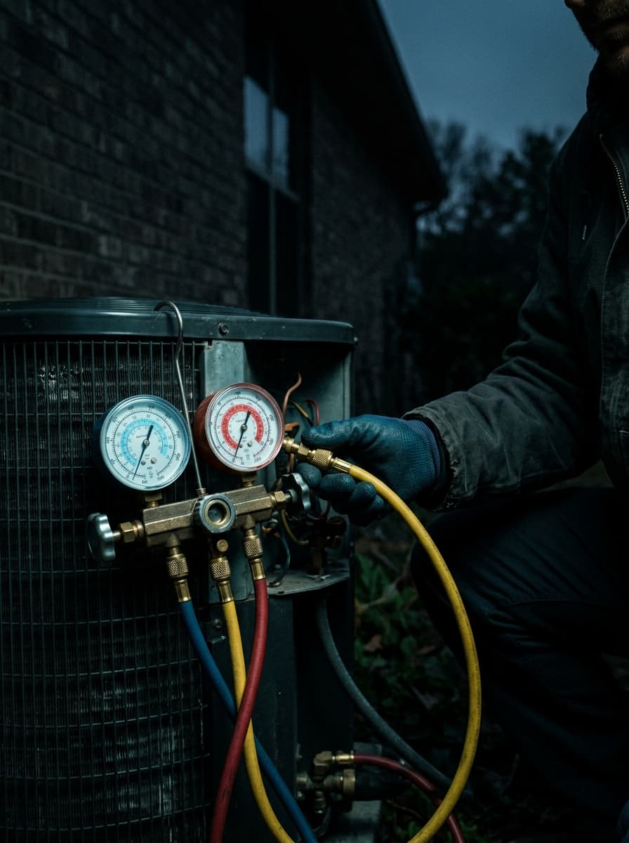 HVAC technician connecting manifold gauges to a residential condenser unit at dusk