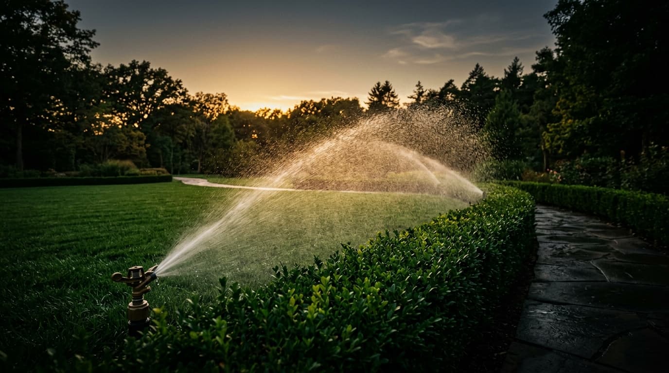 Irrigation head misting over a manicured lawn at dusk beside a trimmed hedge