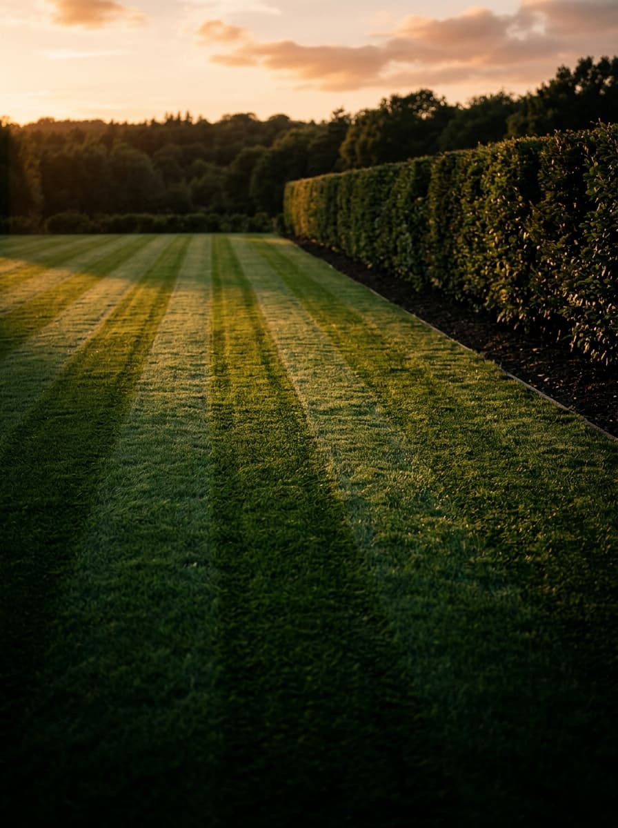 Freshly striped turf at golden hour leading toward a trimmed hedge line