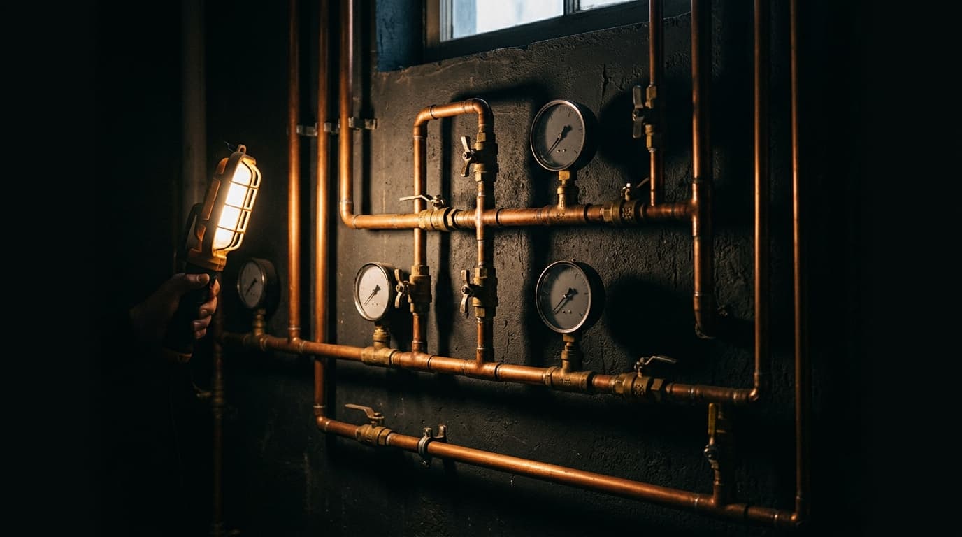 Copper supply lines, valves, and pressure gauges in a dark utility room under a warm work light