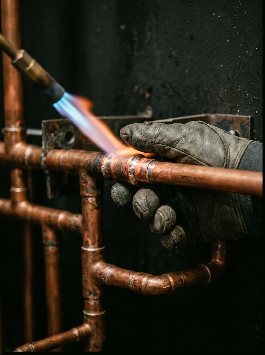Plumber sweating a copper pipe joint with a torch, copper manifold catching warm light
