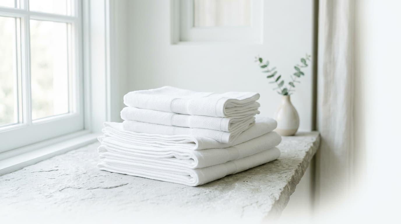 Freshly folded white linens on a light stone surface in soft window light