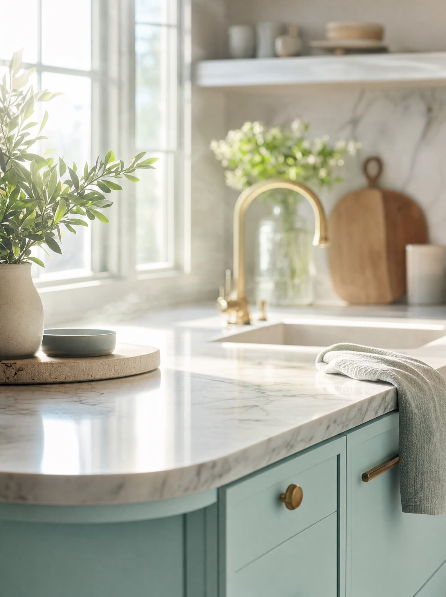 Sunlit kitchen with a marble counter, brass faucet, and sage cabinets