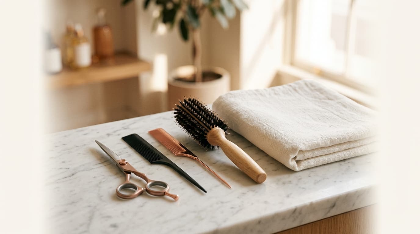 Shears, combs, and a brush arranged on a pale marble counter in warm window light