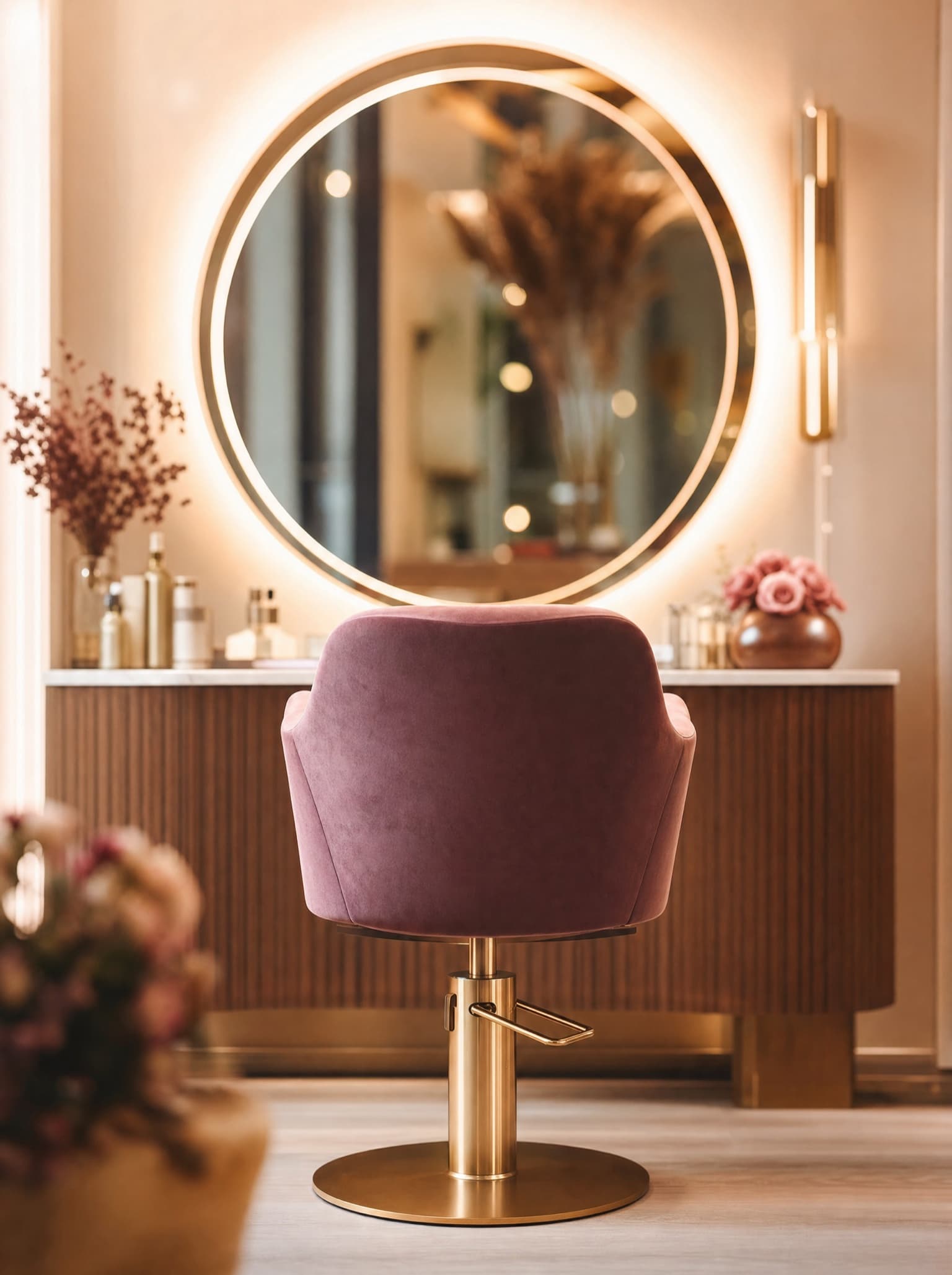 Styling chair in front of a round ring-lit mirror in a warm salon interior
